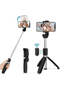 JUNGLEE Bluetooth Lu Selfie Çubuğu Uzaktan Kumandalı Yatay Dikey 360 Derece Dönen Özçekim Tripod Siyah