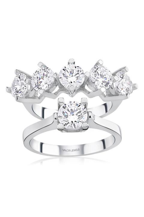 Valori Jewels Kraliçe, 4 Karat Swarovski Zirkon Taşlı, Gümüş Tektaş Beştaş Yüzük Kombini