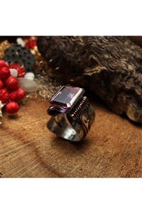 Sima Silver Gümüş Tasarım Mekik Model Amatist Taşlı Otantik Trend Bayan Yüzük Takı