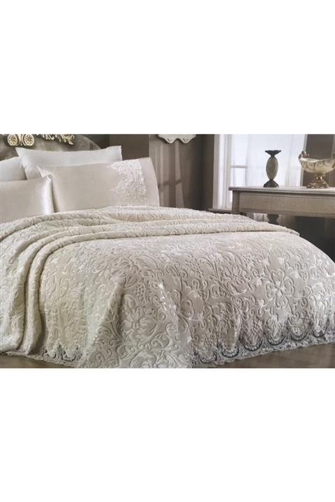 Royal Home Çift Kişilik Fransız Dantelli&güpürlü Battaniye Seti Krem