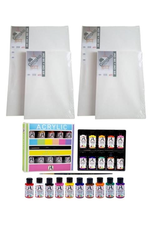 Mahi Max 4 Adet Tuval - 2 Adet 35x50 Ve 2 Adet 25x35 Gingko + Südor 10 Renk Akrilik Boya 10x40 Ml
