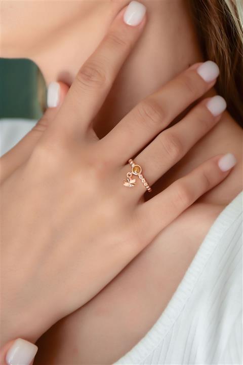 Elika Silver Kadın Bal Rengi Ay Taşlı Lotus Motifli Ayarlanabilir 925 Ayar Gümüş Yüzük