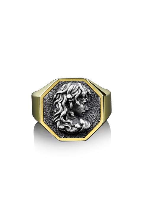 Bysilverstone Medusa Geometrik Altın Cilalı Gümüş Yüzük