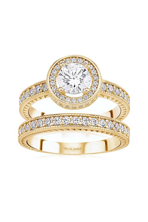 Valori Jewels Yuvarlak Dizayn, 0.90 Karat Swarovski Zirkon Taşlı, Altın Rengi Gümüş Tektaş Yüzük Kombini