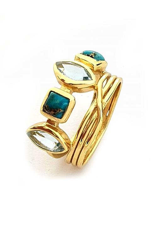 OSESHOP Turkuaz Ve Mavi Topaz Taşlı Gümüş Altın Kaplama El Isi Yüzük