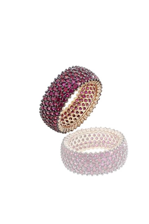 Söğütlü Silver Gümüş Fuşya Kök Yakut Taşlı Beş Sıra Tamtur Yüzük.