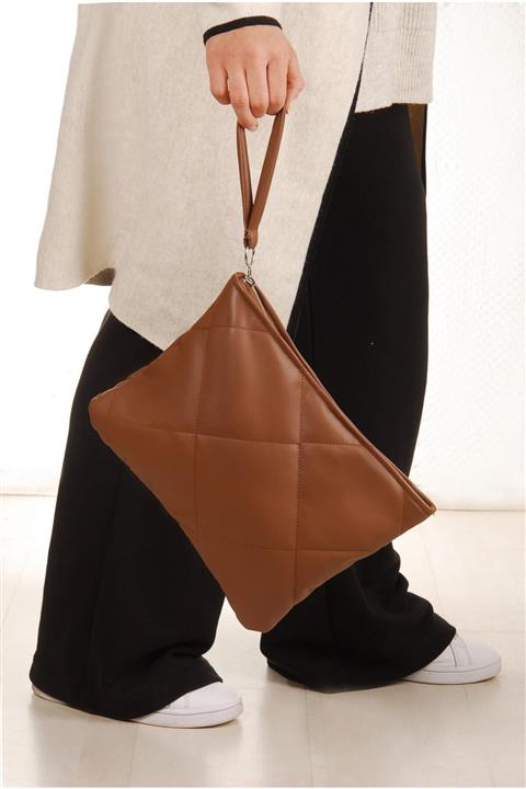 Simfa Kadın Kahverengi Deri Kapitone Clutch Çanta