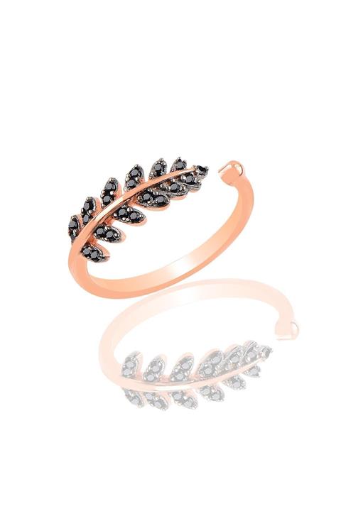 Söğütlü Silver Gümüş Rose Siyah Taşlı Yaprak Yüzük