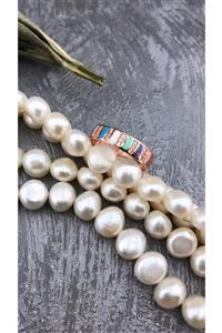 Joel Jewelry Renkli Mineli Ve Zirkon Taşlı Tasarım Pembe Altın Kaplamalı Ayarlanabilir Gümüş Yüzük