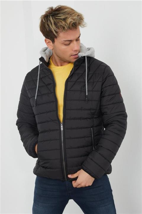 Wise Erkek Siyah Kapüşonlu Şişme Kaban -