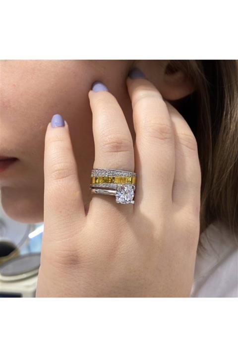 MaGümüş Alyans Tektaş Ikili Altın Modeli 925 Gümüş Yüzük