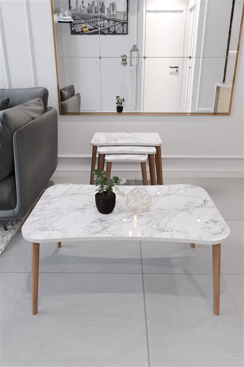 Zuesse Dizayn Esma Orta Sehpa Ve Zigon Sehpa 4'lü Ahşap Ayaklı Salon Seti Sehpa - Beyaz Mermer Desenli
