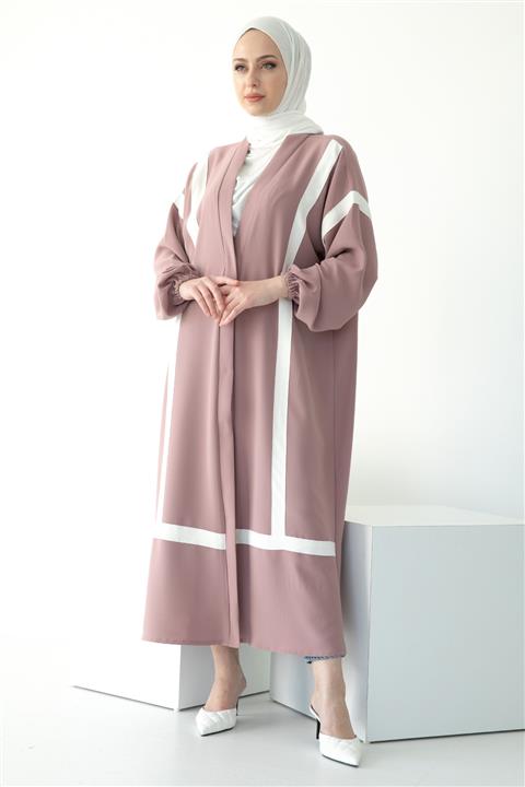 mintahayse Kadın Gül Kurusu Şeritli  Bilek Lastikli Kemer Aksesuarlı Tesettür Kimono