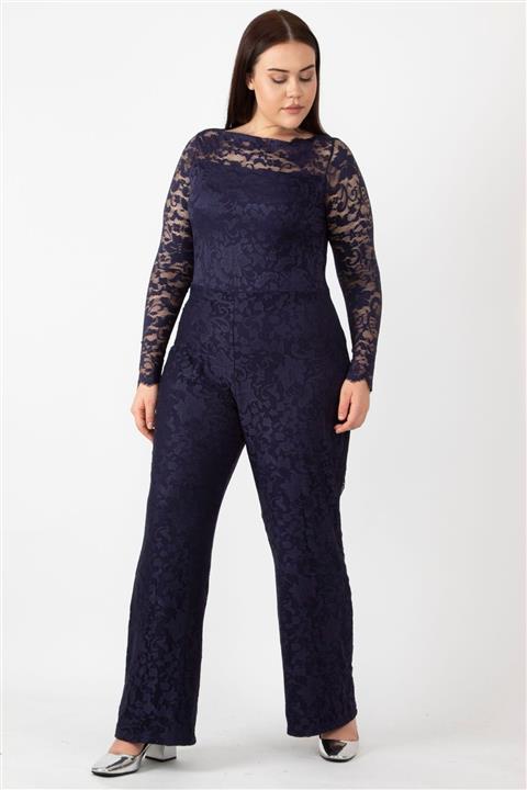 Şans Kadın Lacivert Beden Kısmı Astarlı Dantel Tulum