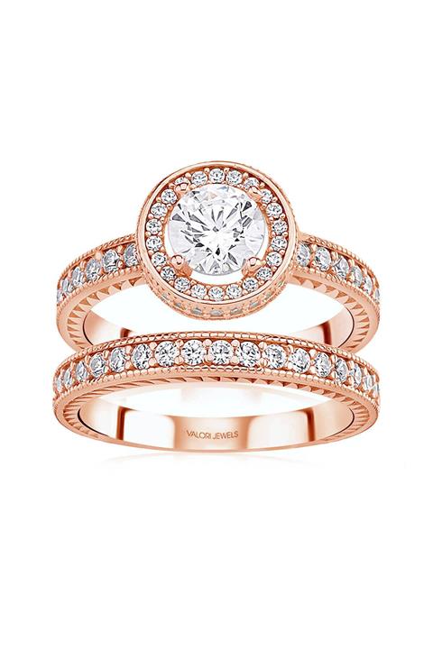 Valori Jewels Yuvarlak Dizayn, 0.90 Karat Swarovski Zirkon Taşlı, Rose Gümüş Tektaş Yüzük Kombini