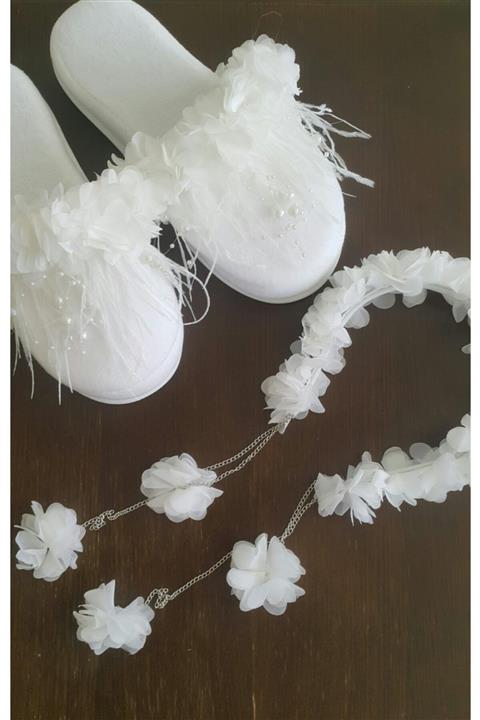 Hüner aksesuar Kadın Beyaz Taç Terlik Sallamalı Küpeli Lohusa Seti