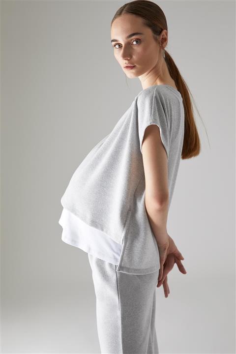 DeFacto Kadın Gri Hamile Önü Kısa Arkası Uzun Kısa Kollu Tişört U5059AZ21SP
