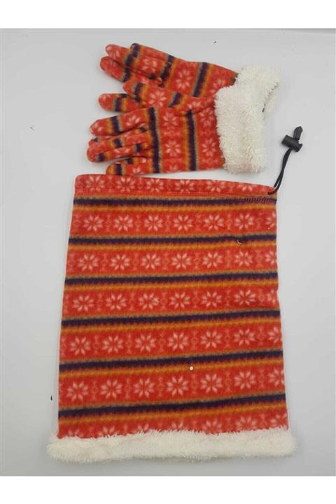 horozbutik Kadın Kırmızı Desenli Polar Peluş Eldiven Boyunluk 2li Takım