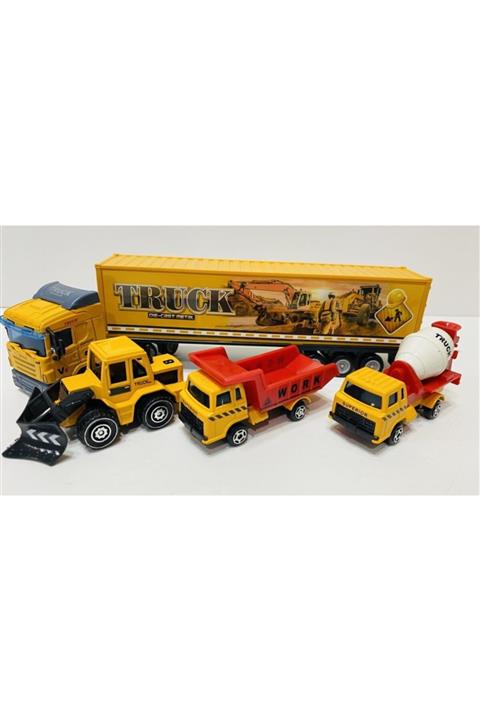 toysandmore Tır Beton Kamyonu Kepçe Inşaat Seti Metal Die Cast Oyuncak Seti 4 Parça