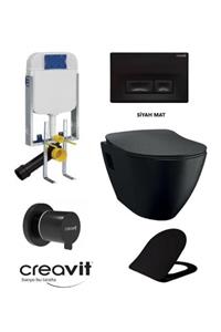 Creavit Tp325 Siyah Mat Asma Klozet Set + Duck Yavaş Kapanır Kapak Siyah Mat 5 Parça Set