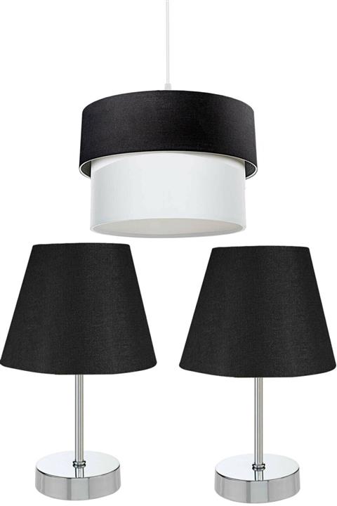 EvLight 3'lü Set Avize Ve Komodin Üstü Krom Abajur / Siyah