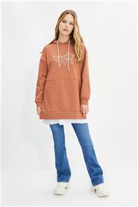 Trendyol Modest Tarçın Baskılı İçten T-shirt Çıkmalı Örme Sweatshirt TCTAW22TW0059