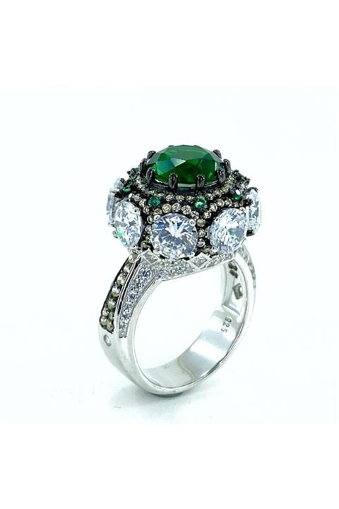 MaGümüş Italyan Özel Tasarım Zümrüt Ve Topaz Taşlı 925 Gümüş Yüzük