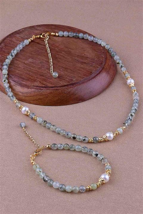 Dünya Doğal Taş Prinayt (prehnit) Ve Inci Taşlı Kolye Bileklik Seti