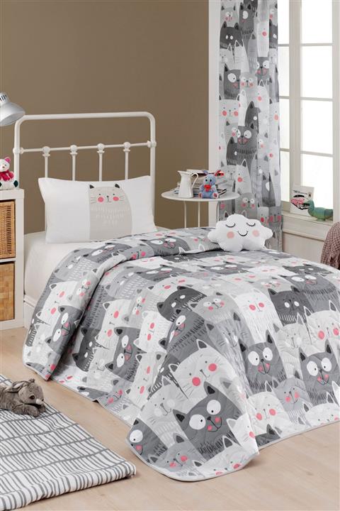 Ev & Ev Home Kapitone Yatak Örtüsü Seti Tek Kişilik DuvardaKediler Gri
