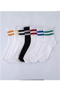 SOCKSHION Unisex Beyaz Çizgili Pamuklu Yarım Konç Çorap 7 Li