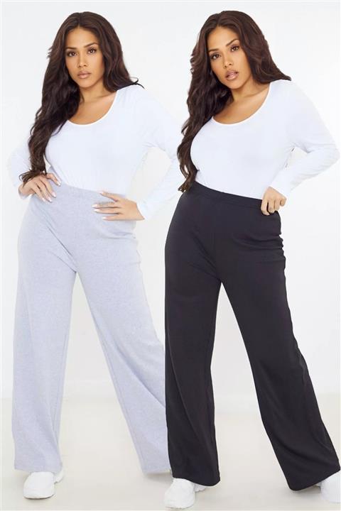 Angemiel Fashion Büyük Beden Yüksek Bel Boru Paça Siyah Gri 2 Li Eşofman Altı