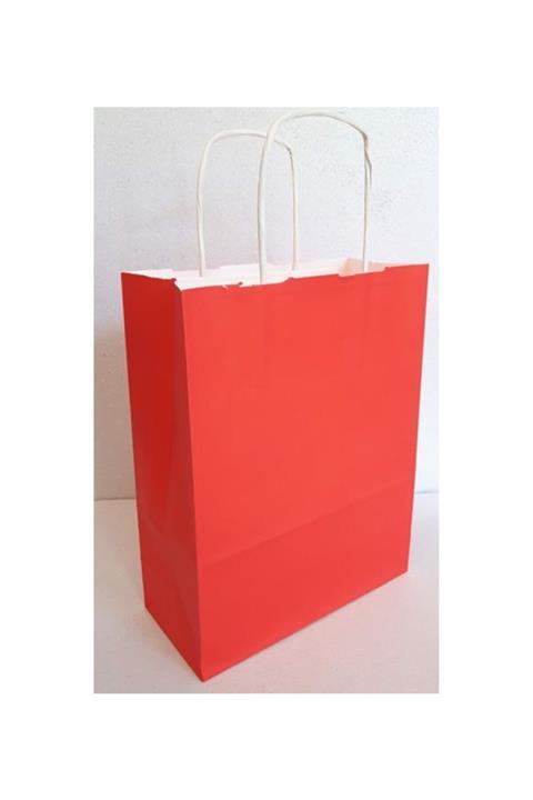 Kraft Kırmızı Çanta 25x31x12 ( 25 Adet ) ( Kağıt Poşet Çanta )