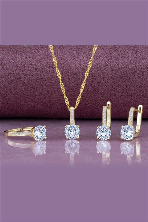 Else Silver Singapur Zincirli Dört Tırnak Zarif Tasarım Gümüş Tek Taş Takı Seti