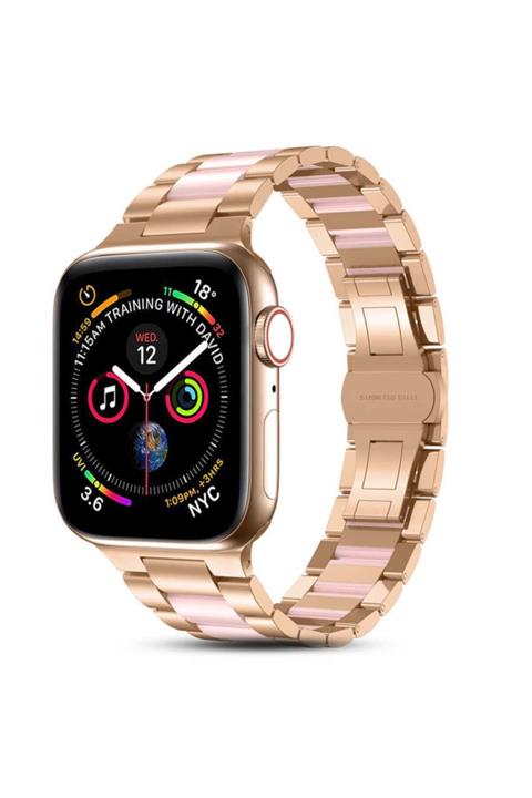 Apple Watch 40 Mm Reçine Taşı Görünüm Metal Kordon Kayış Pembe + Popsocket