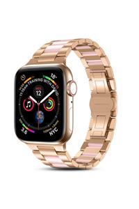 Apple Watch 40 Mm Reçine Taşı Görünüm Metal Kordon Kayış Pembe + Popsocket