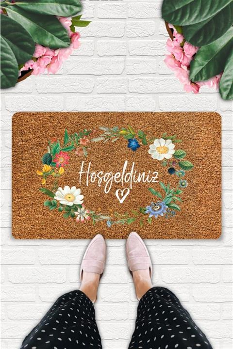 Uygur Home Wreath Flowers Temalı Coco Görünümlü Dekoratif Kapı Önü Ve İç Mekan Paspası