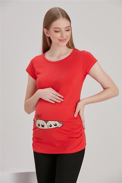 Görsin Hamile İkiz Bebek Baskılı Mercan Hamile Tişört