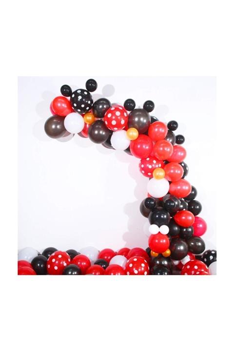 selens party Mickey Mouse Konsept Siyah Kırmızı Beyaz Metalik Balon Puanteli Ve Balon Zinciri 60 Adet