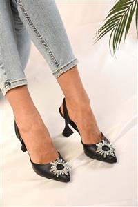 Shoeberry Kadın Siyah Cilt Taşlı Arkası Açık Topuklu Stiletto