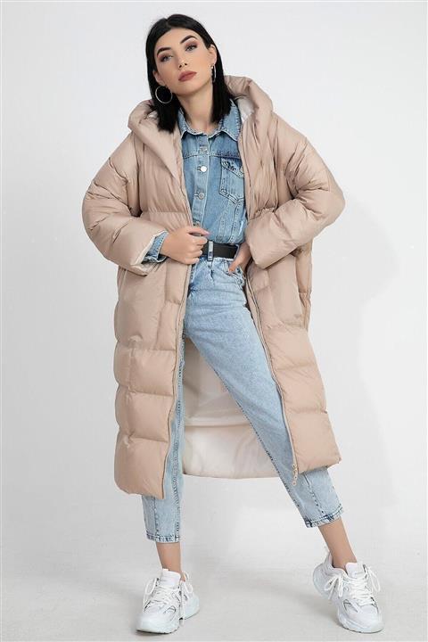 VAPUR TEKSTİL Kadın Bej Kapüşonlu Uzun Oversize Şişme Mont