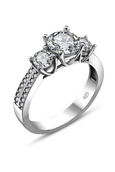 MaGümüş Swarovski Üç Taş Pırlanta Montür 925 Gümüş Yüzük