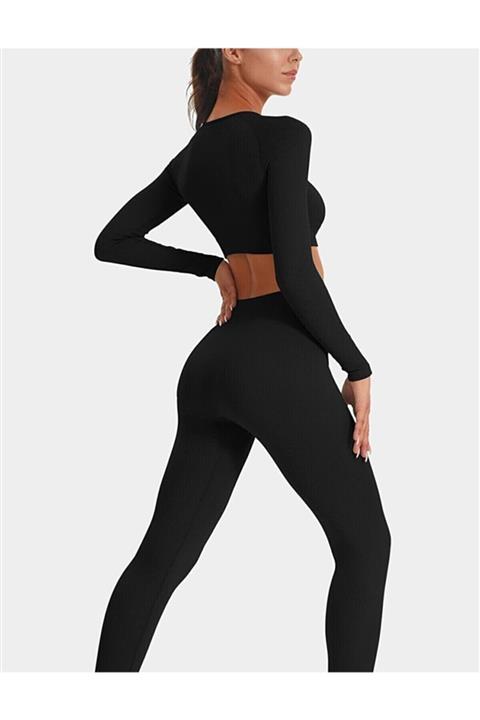 EK's TREND Siyah Seamless Fitilli Çizgili Dikişsiz Spor Tayt Yüksek Bel Toparlayıcı Tayt