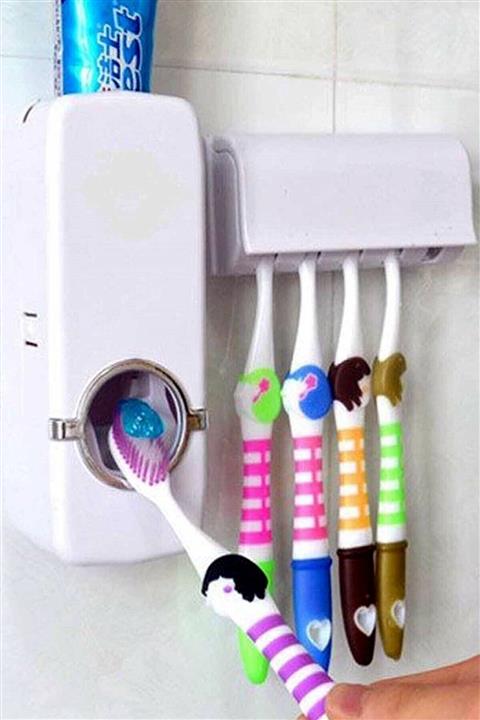 Neler Geldi Neler Diş Macunu Sıkma Makinesi Fırça Tutucu Macun Sıkacağı Banyo 5 Li Diş Fırçalığı Fırça
