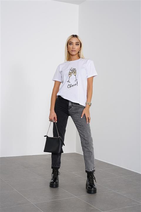 PushOver Kadın Beyaz Nakışlı T-shirt 4013