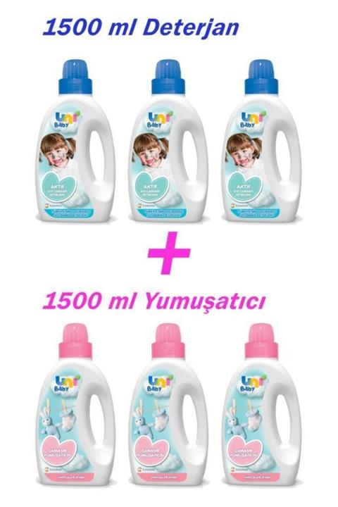 Uni Baby Sıvı Bebek Deterjanı Mavi 1500 ml 3'lü Yumuşatıcı Pembe 1500 ml 3'lü