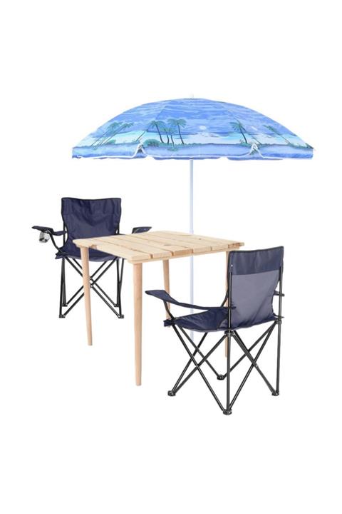 Mashotrend Pratik Kamp Masası + Desenli Plaj Şemsiyesi + Çantalı 2 Adet Mavi Katlanır Sandalye - Katlanır Masa
