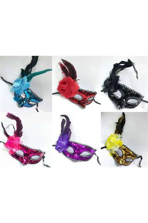 HESAPLIJET Yandan Tüylü Pul Işlemeli Yılbaşı Parti Maskesi Karışık Renk 12 Adet