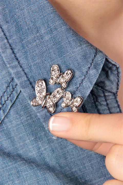 Modex Kadın Rodyum Kelebekler Taşlı Yaka Broşu Ub9922