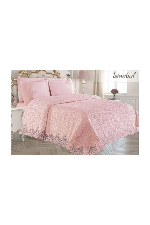 Lovessa Home Istanbul Fransız Dantelli Battaniye Takımı Pudra (6 Parça)