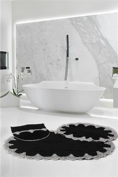 Bonny Home Peluş Lux Oval Siyah 3'lü Dantelli Klozet Takımı Çeyizlik Banyo Halısı Paspası Seti